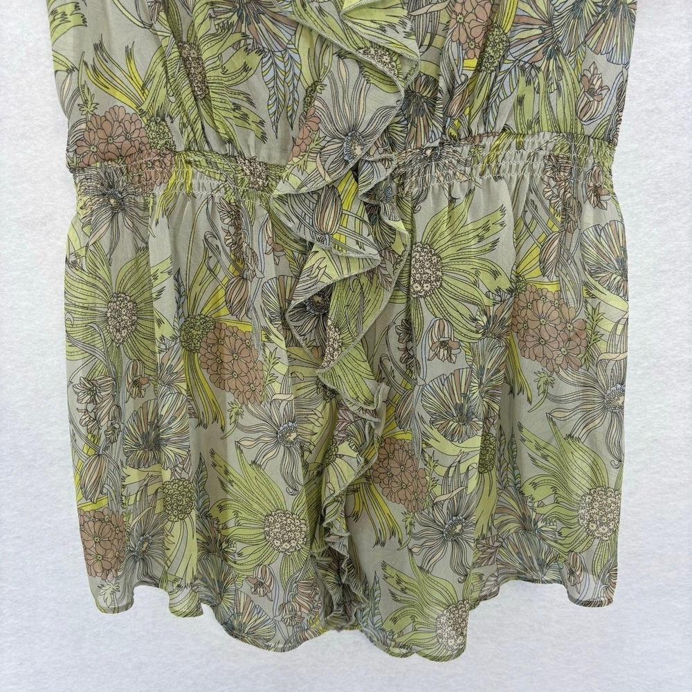 Odille Anthropologie Silk Floral Ruffle Blouse Womens Size 2 Green Boho Feminine - Picture 5 of 9